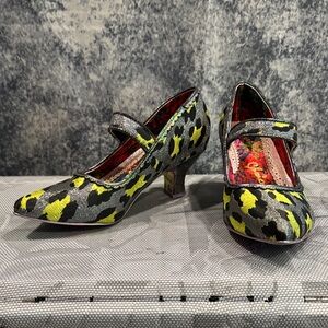 Irregular Choice metallic leopard print oil spill Mary Jane heels